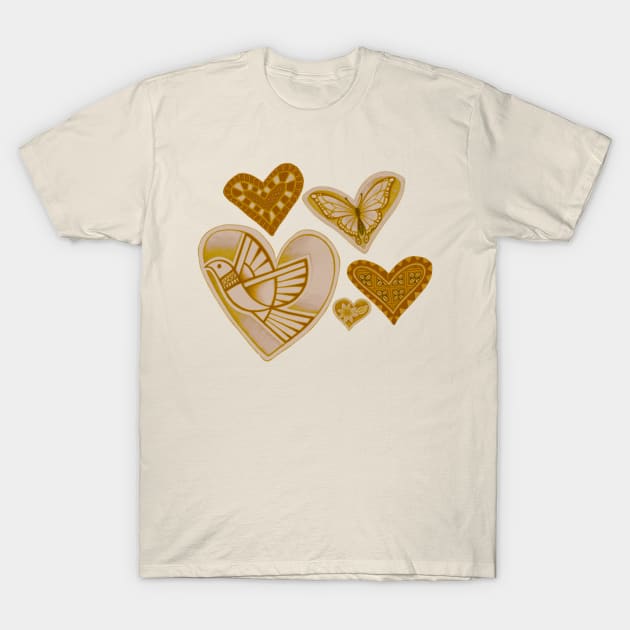 Love makes hearts take flight - gold T-Shirt by AprilAppleArt